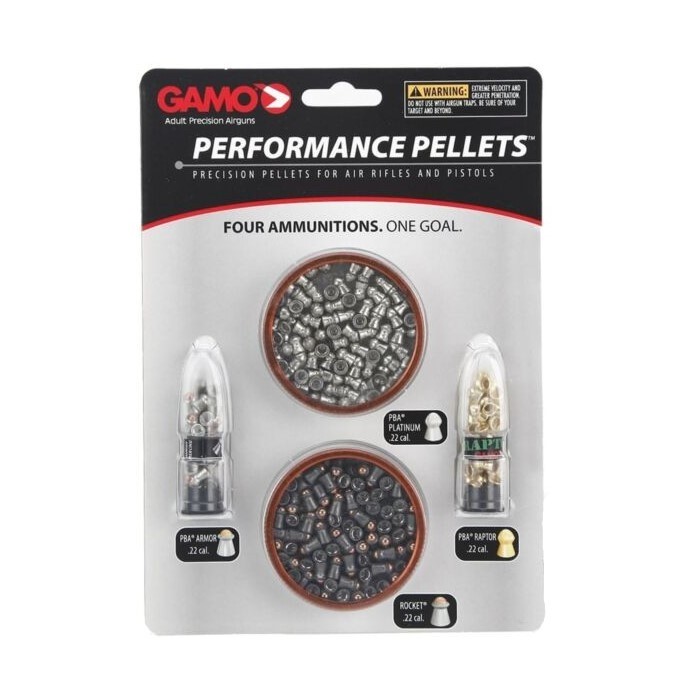 an image of the product Gamo Combo Pack .22/5.5mm PBA Platinum, PBA Armor, PBA Raptor, and Rocket- Pack of 225 Pellets - 63209285554