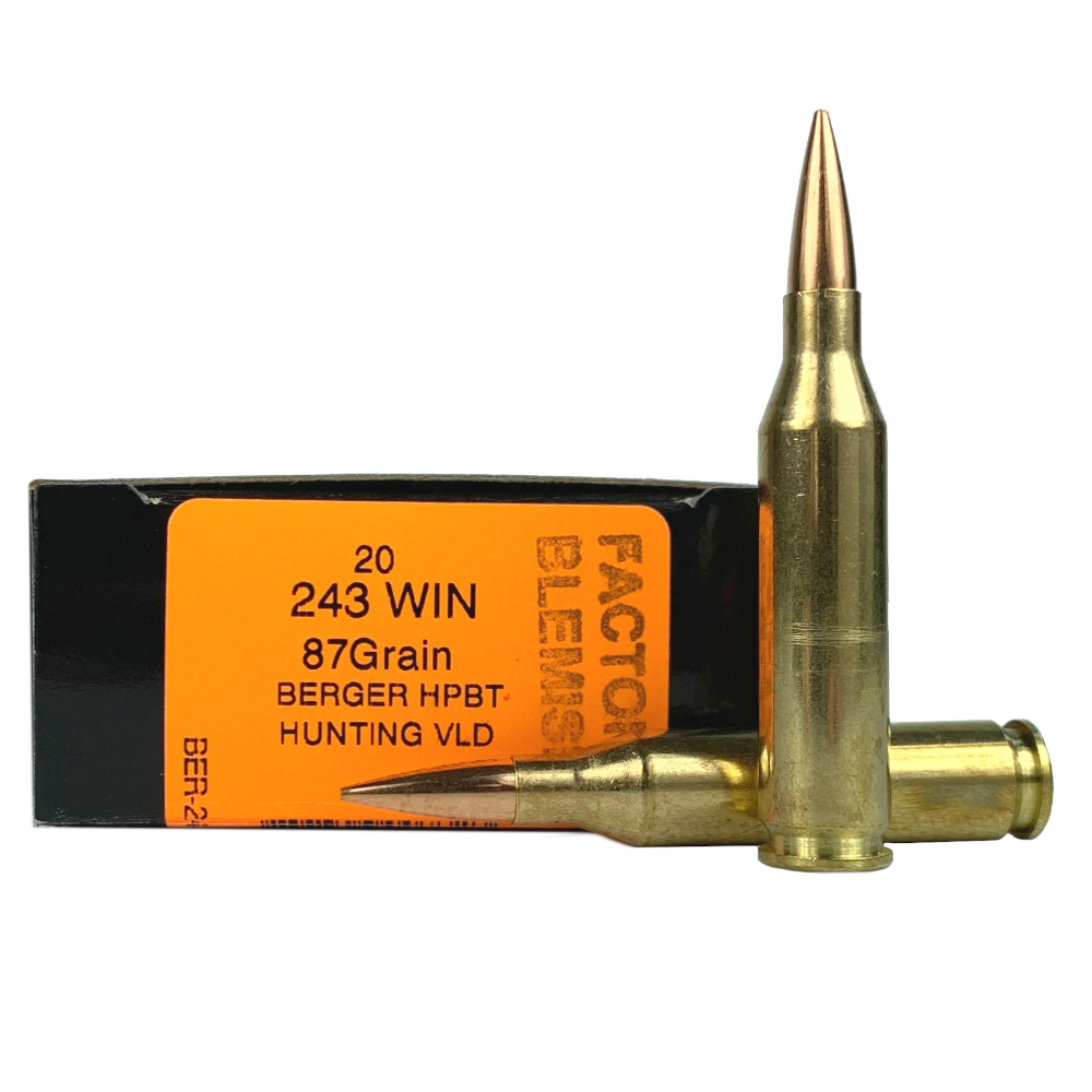 HSM Trophy Gold Factory Blemish .243 Winchester 87 Gr. Berger Hunting VLD Hollow Point Boat Tail- Box of 20