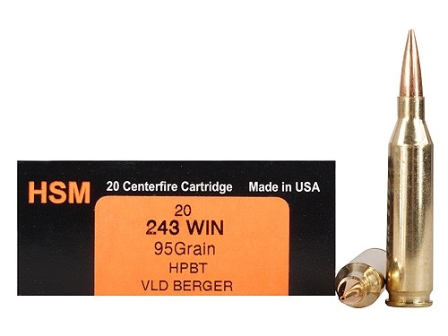 HSM Trophy Gold Factory Blemish .243 Winchester 95 Gr. Berger Hunting VLD Hollow Point Boat Tail- Box of 20