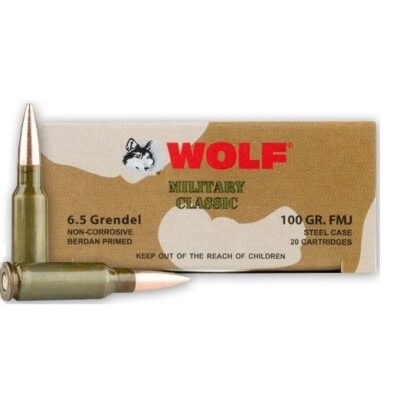 Wolf Military Classic 6.5 Grendel 100 Gr. Full Metal Jacket (Bi-Metal) Steel Case Berdan Primed- Box of 20