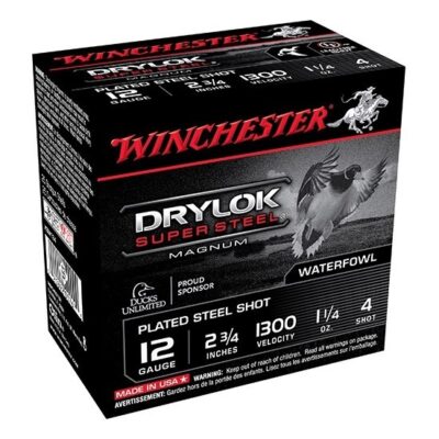 Winchester Drylok Super Steel 12 Gauge 2-3/4" 1-1/4oz #4 Plated Shot- Lead Free- Box of 25