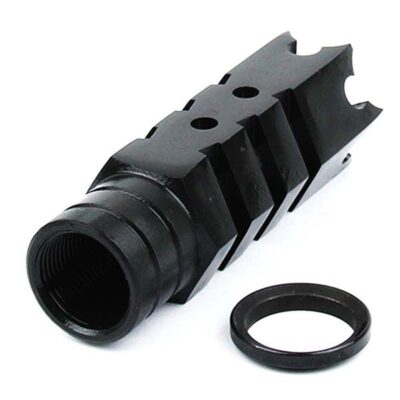 an image of the product AR10 .308 Shark Muzzle Brake 5/8"x24 Thread with Crush Washer- Steel Black - MZ1004-3B