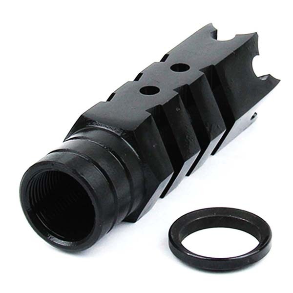 an image of the product AR10 .308 Shark Muzzle Brake 5/8"x24 Thread with Crush Washer- Steel Black - MZ1004-3B