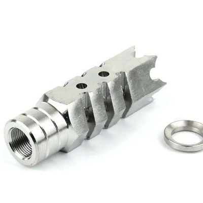 an image of the product AR10 .308 Shark Muzzle Brake 5/8"x24 Thread with Crush Washer- Stainless Steel - MZ1004-3SS