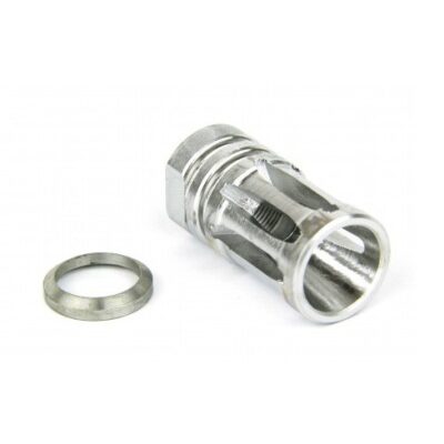 an image of the product AR10 .308 Bird Cage Muzzle Brake 5/8"x24 Thread with Crush Washer- Stainless Steel Silver - MZ1001-3SS
