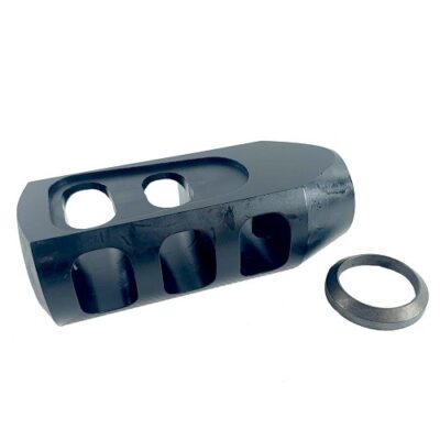 an image of the product AR10 .308 Tanker Style Muzzle Brake 5/8"x24 Thread with Crush Washer- Steel Black - MZ1009-3B-N