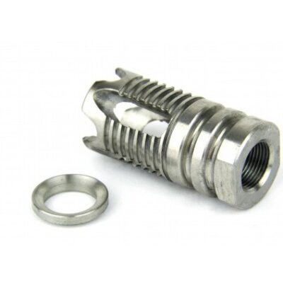 an image of the product AR15 .223/.556 Four Prong Muzzle Brake 1/2"x28 Thread with Crush Washer- Stainless Steel Silver - MZ1014SS-N