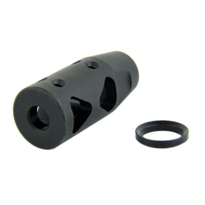 an image of the product AR10 .308 Dragon Style Muzzle Brake 5/8"x24 Thread with Crush Washer- Black Steel - MZ1018-3B